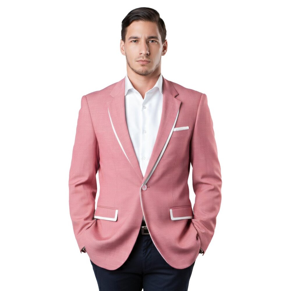 Luxurious Men's Salmon Pink Suit Jacket With White Trim